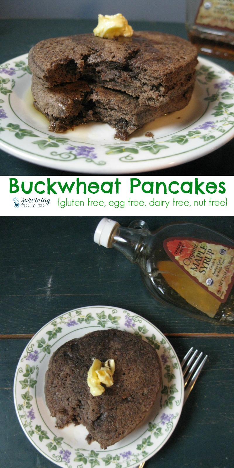 Gluten Free Buckwheat Pancakes {Grain free, Trim Healthy Mama E recipe, Egg free, Dairy free, Nut free} Trying to find a gluten free buckwheat pancake recipe? This recipe is for you!! Only 5 ingredients needed for this breakfast pancake recipe. |Trim Healthy Mama E Meal | Gluten free breakfast recipes | Grain free pancake recipe | Egg free pancakes | dairy free pancakes | 