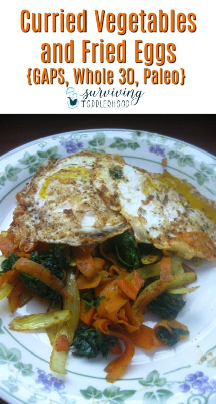 Curried Vegetables with Fried Eggs.  A new spin on eggs for your next Whole30 breakfast. #whole30 #paleo #lowcarb #gapsdiet #grainfreerecipes #glutenfreebreakfast #breakfastrecipes #healthybreakfasts #paleoish