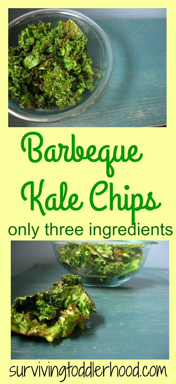 Barbeque Kale Chips. You only need three ingredients to make this new version of kale chips. It is the perfect way to use up your abundance of kale. 