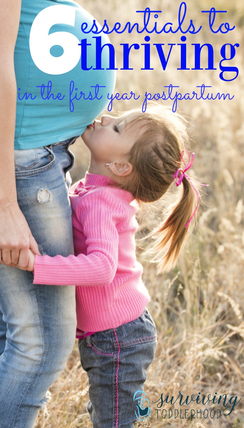 6 essential things you must know about thriving during the first year postpartum. How you can nourish yourself, nurture your marriage, and find community. The first year postpartum is hard, but these tips can help you to thrive instead of just survive. Christian Motherhood | Natural Mothering | Postpartum Care | Postpartum Support | Postpartum Preparation | Breastfeeding | Marriage after Baby | 