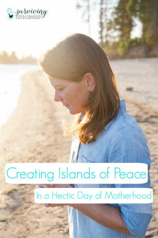We all need moments of peace every day. Here is how you can create and incorporate Islands of Peace into your daily life as a mom. #motherhood #christianmotherhood #selfcare #mothering #planneraddict #morningbasket #homeschoolmom #faimlylife #momlife #momhacks #workathomemom #stayathomemom